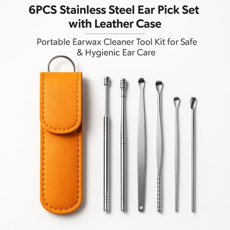 6PCS Stainless Steel Ear Pick Set with Leather Case – Portable Earwax Cleaner Tool Kit for Safe & Hygienic Ear Care