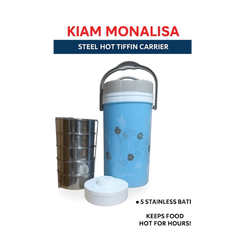 Kiam Monalisa Steel Hot Tiffin Carrier or Lunch Box 5 Bati (Mix Colors)