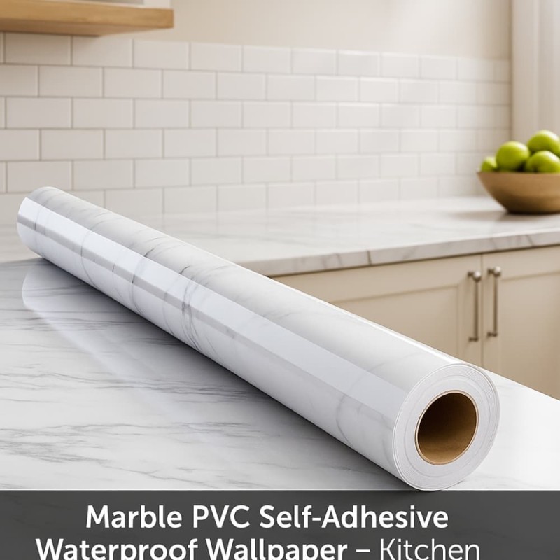 Marble PVC Self-Adhesive Waterproof Wallpaper – Kitchen Cabinet & Furniture Renovation (Jazz white )