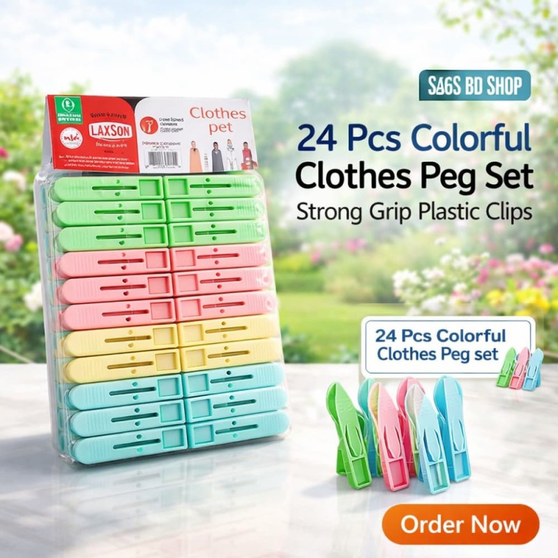 24 Pcs Colorful Clothes Peg Set – Strong Grip Plastic Clips