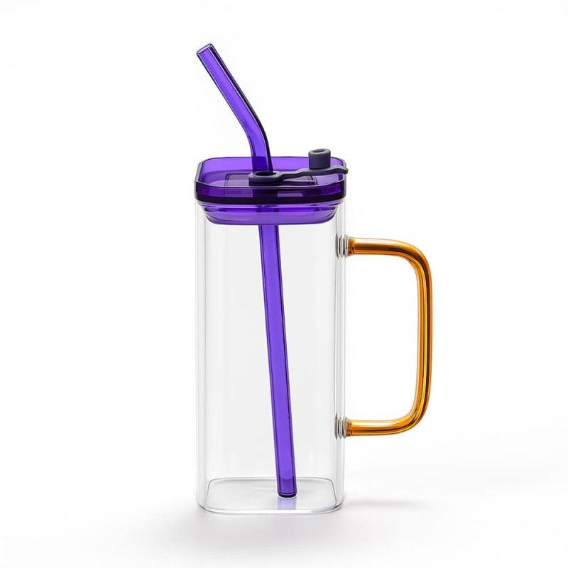High Quality Beautiful Transparent Drinking Glass With Straw Stylish Milk & Juice Cup with Color Cover