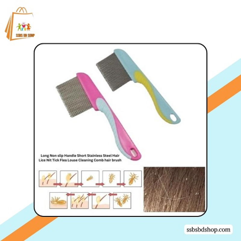 Long Non slip Handle Short Effective hair lice comb with big steel bristles (2 PCS)