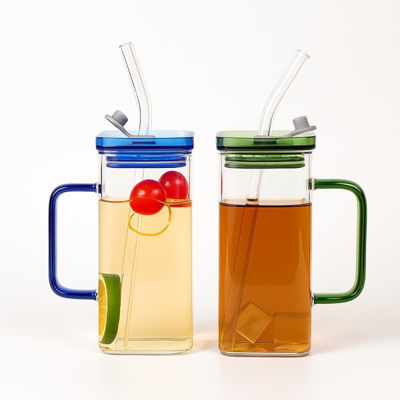 High Quality Beautiful Transparent Drinking Glass With Straw Stylish Milk & Juice Cup with Color Cover