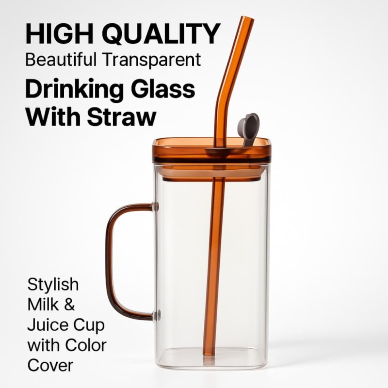 High Quality Beautiful Transparent Drinking Glass With Straw Stylish Milk & Juice Cup with Color Cover