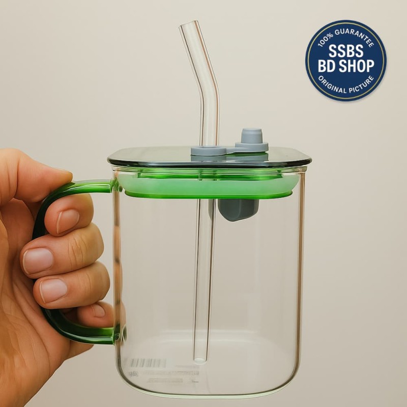 Premium 490ml Borosilicate Glass Cup with Lid & Straw