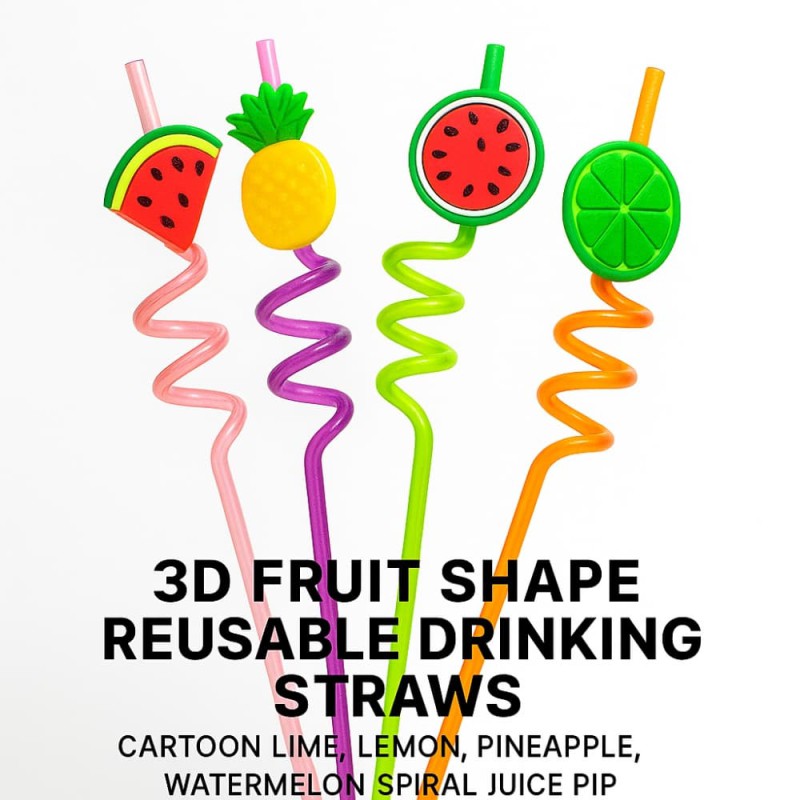 3D Fruit Shape Reusable Drinking Straws – Cartoon Lime, Lemon, Pineapple, Watermelon Spiral Juice Pipe