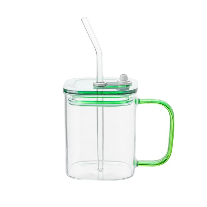 Premium 490ml Borosilicate Glass Cup with Lid & Straw