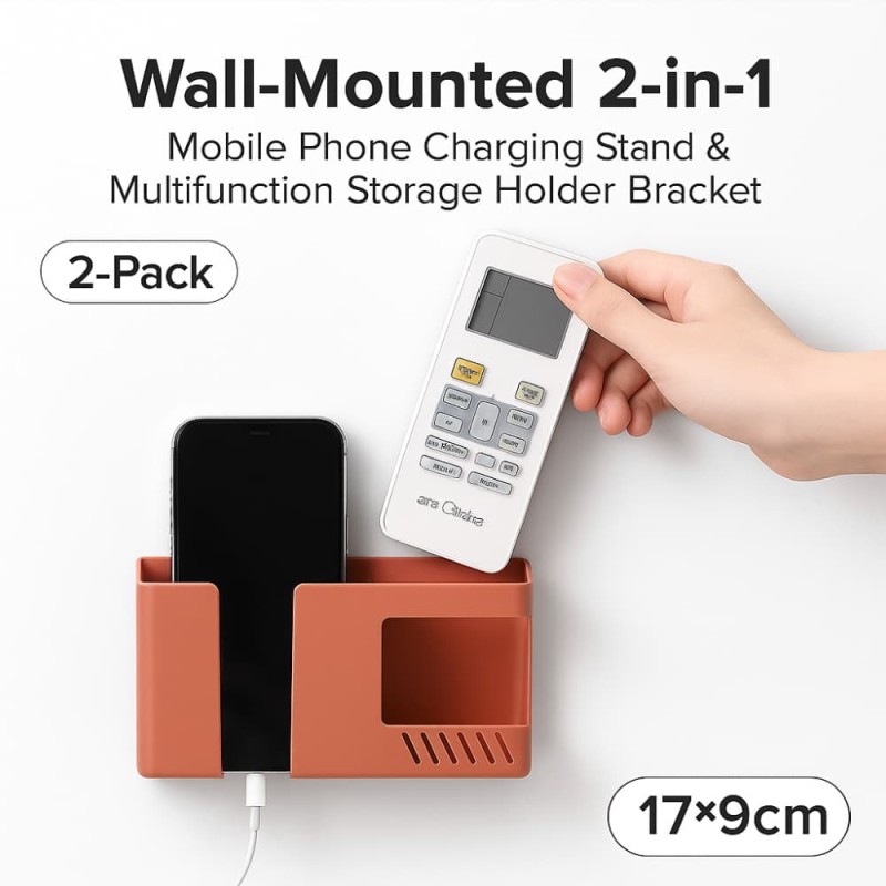 Wall-Mounted 2-in-1 Mobile Phone Charging Stand & Multifunction Storage Holder Bracket – Space-Saving Organizer for Home & Office