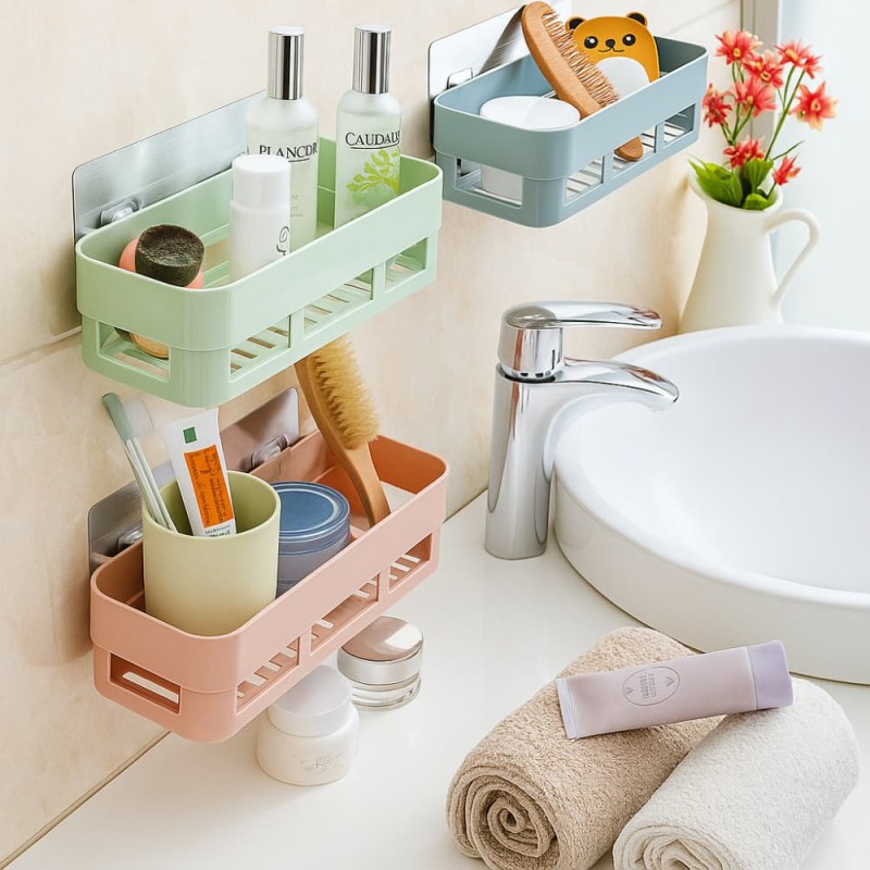 China Plastic Suction Cup Bathroom Corner Shelf – Shower & Toilet Storage Rack Organizer (Assorted Colors)