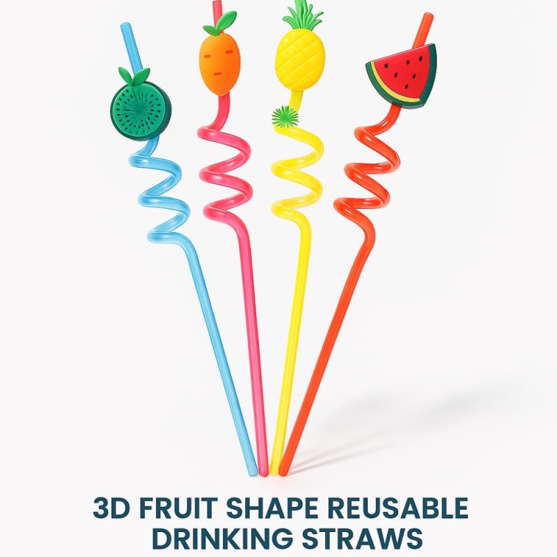 3D Fruit Shape Reusable Drinking Straws – Cartoon Lime, Lemon, Pineapple, Watermelon Spiral Juice Pipe