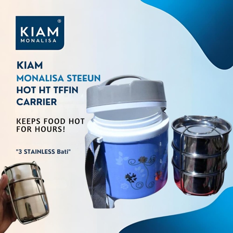 Kiam Monalisa Steel Hot Tiffin Carrier or Lunch Box 3 Bati (mix Colors)