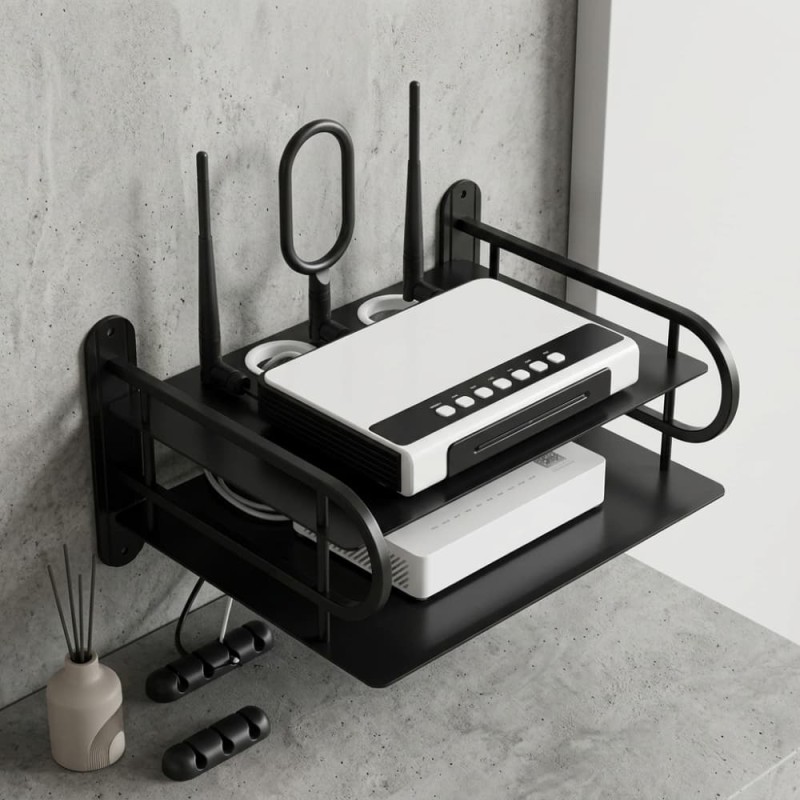 Z-Color Black Metal WiFi Router & TV Box Wall Shelf with Cable Organizer