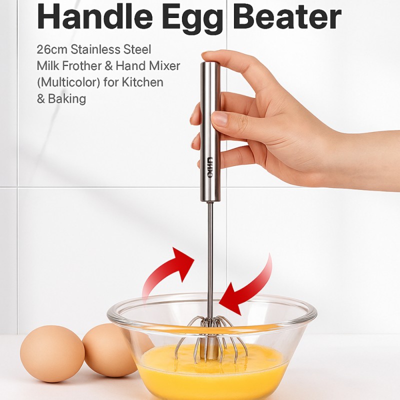 Semi-Automatic Handle Egg Beater – 26cm Stainless Steel Milk Frother & Hand Mixer (Multicolor) for Kitchen & Baking
