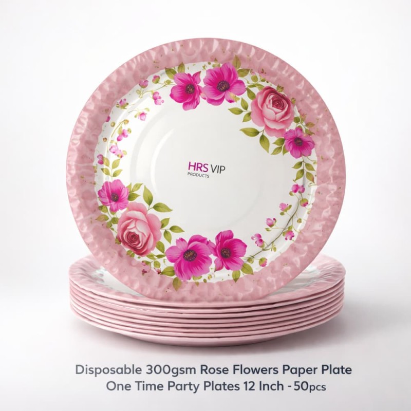 Disposable 300gsm Rose Flowers Paper Plate One Time Party Plates 12 Inch – 50pcs