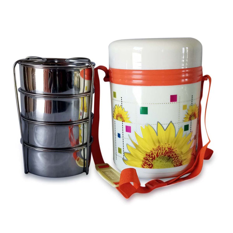 Kiam Monalisa Steel Hot Tiffin Carrier or Lunch Box 4 Bati (Mix Colors)