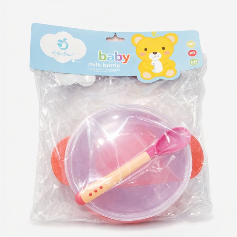 Apple Bear Baby Suction Bowl with Heat-Sensitive Spoon Safe Feeding Set