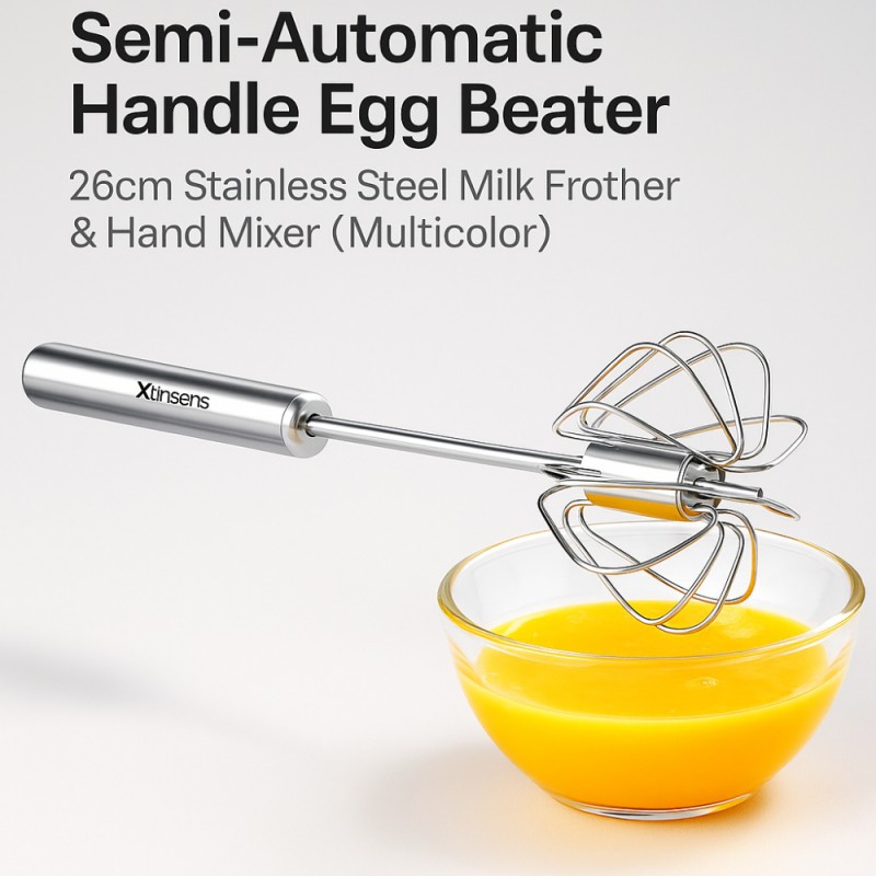 Semi-Automatic Handle Egg Beater – 26cm Stainless Steel Milk Frother & Hand Mixer (Multicolor) for Kitchen & Baking
