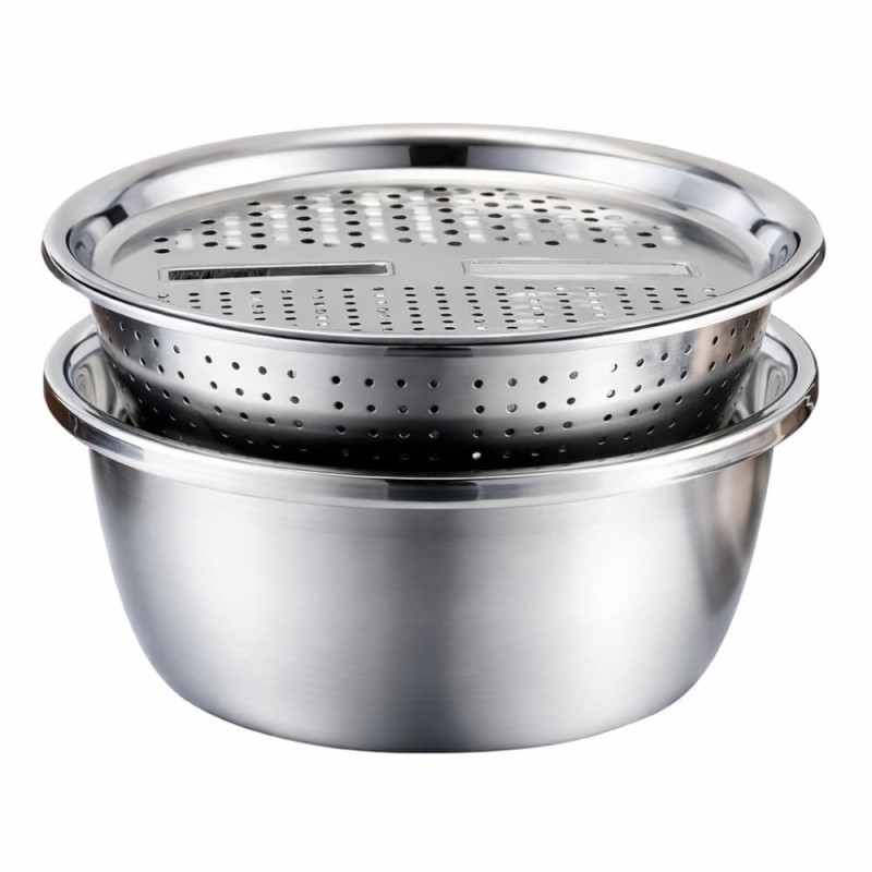 Stainless Steel 3-in-1 Vegetable Grater Basin – Multi Functional Drain & Slicer Bowl (26cm)