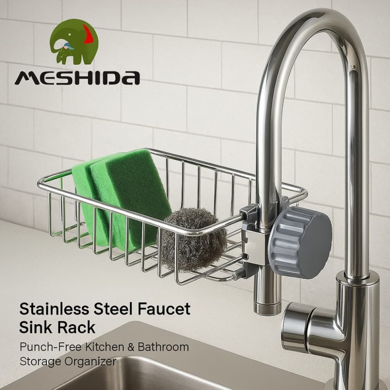 Stainless Steel Faucet Sink Rack – Punch-Free Kitchen & Bathroom Storage Organizer