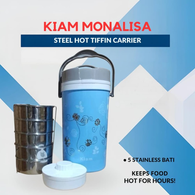 Kiam Monalisa Steel Hot Tiffin Carrier or Lunch Box 5 Bati (Mix Colors)