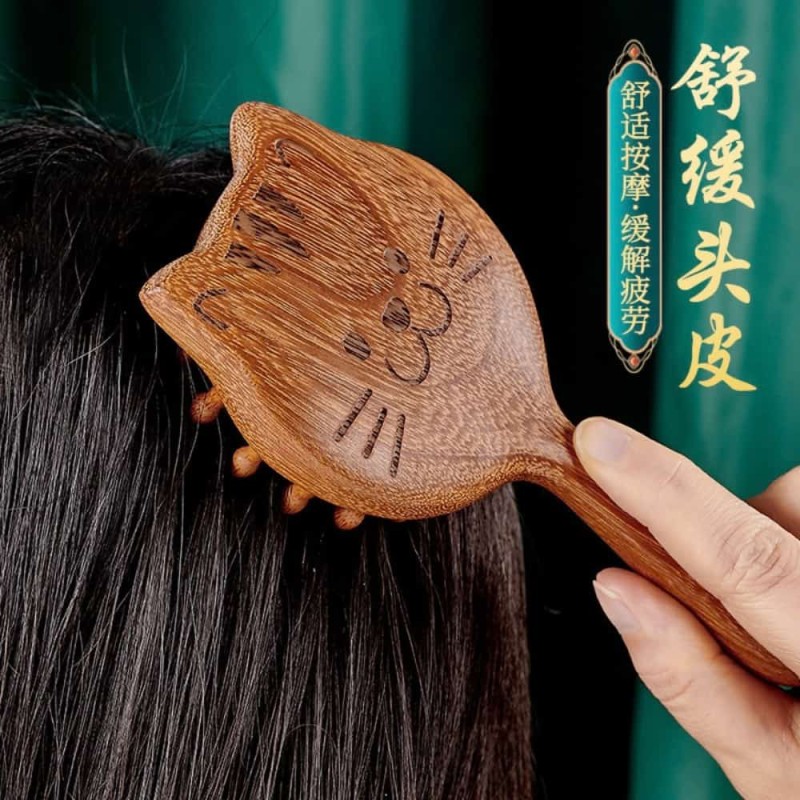 Sandalwood Cat Shaped Wooden Scalp Massager Brush