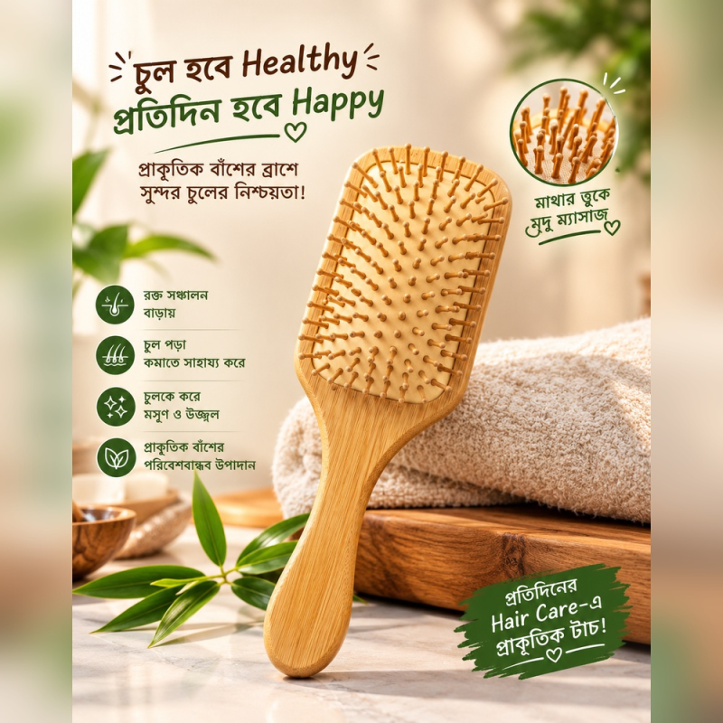Square Bamboo Wooden Hair Brush with Soft Scalp Massage
