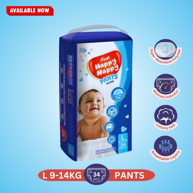 Fresh Happy Nappy Pant Diaper L Size (9-14 Kg) - 34 Pcs Standard Pack