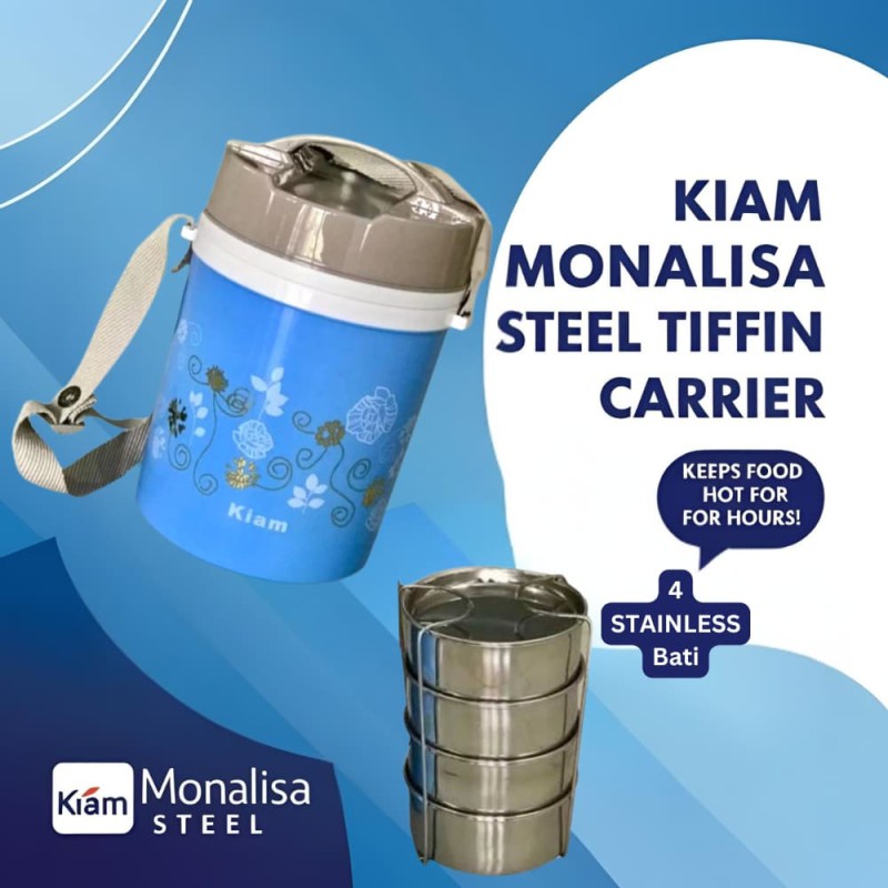 Kiam Monalisa Steel Hot Tiffin Carrier or Lunch Box 4 Bati (Mix Colors)