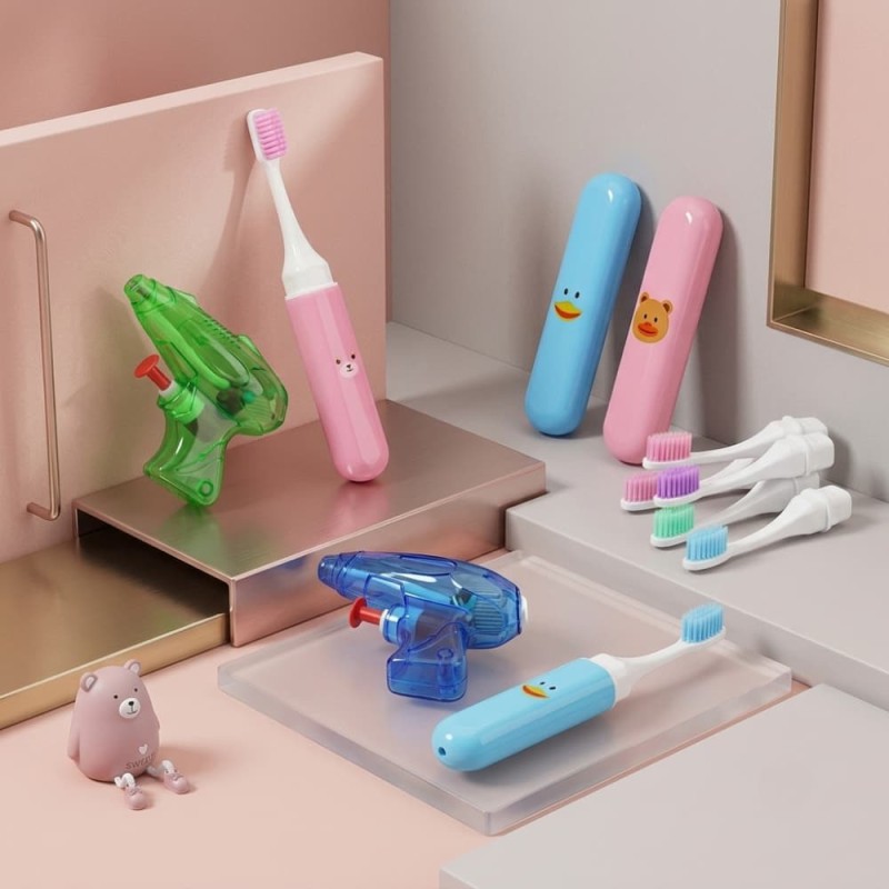 China  Kids Folding Toothbrush & Water Gun Set: Soft Gum Protection for 3-12 Years Blue 1Pcs